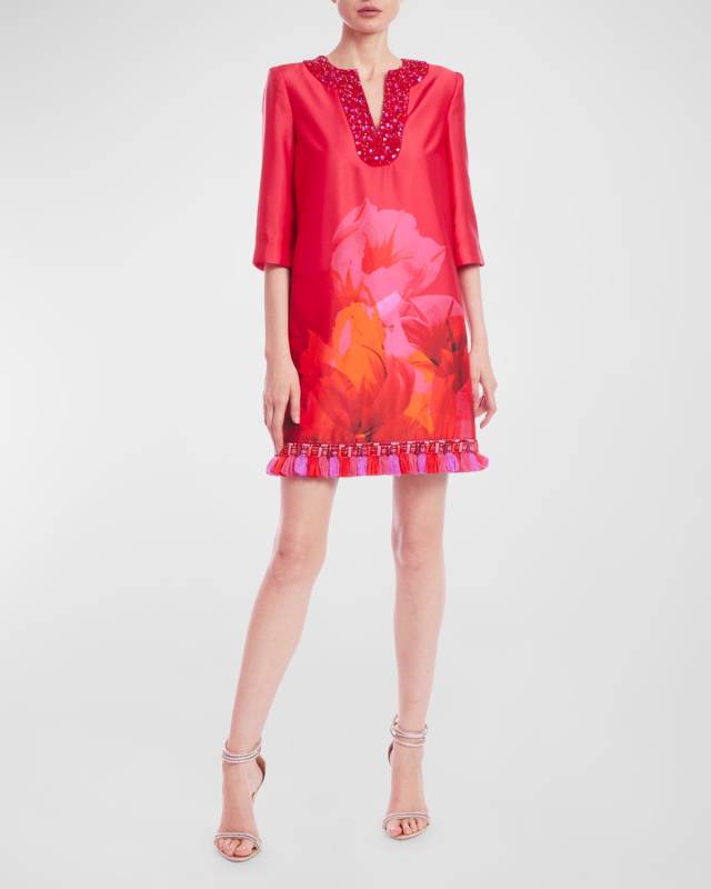 Jewel-Embellished Tasseled Tunic Mini Dress